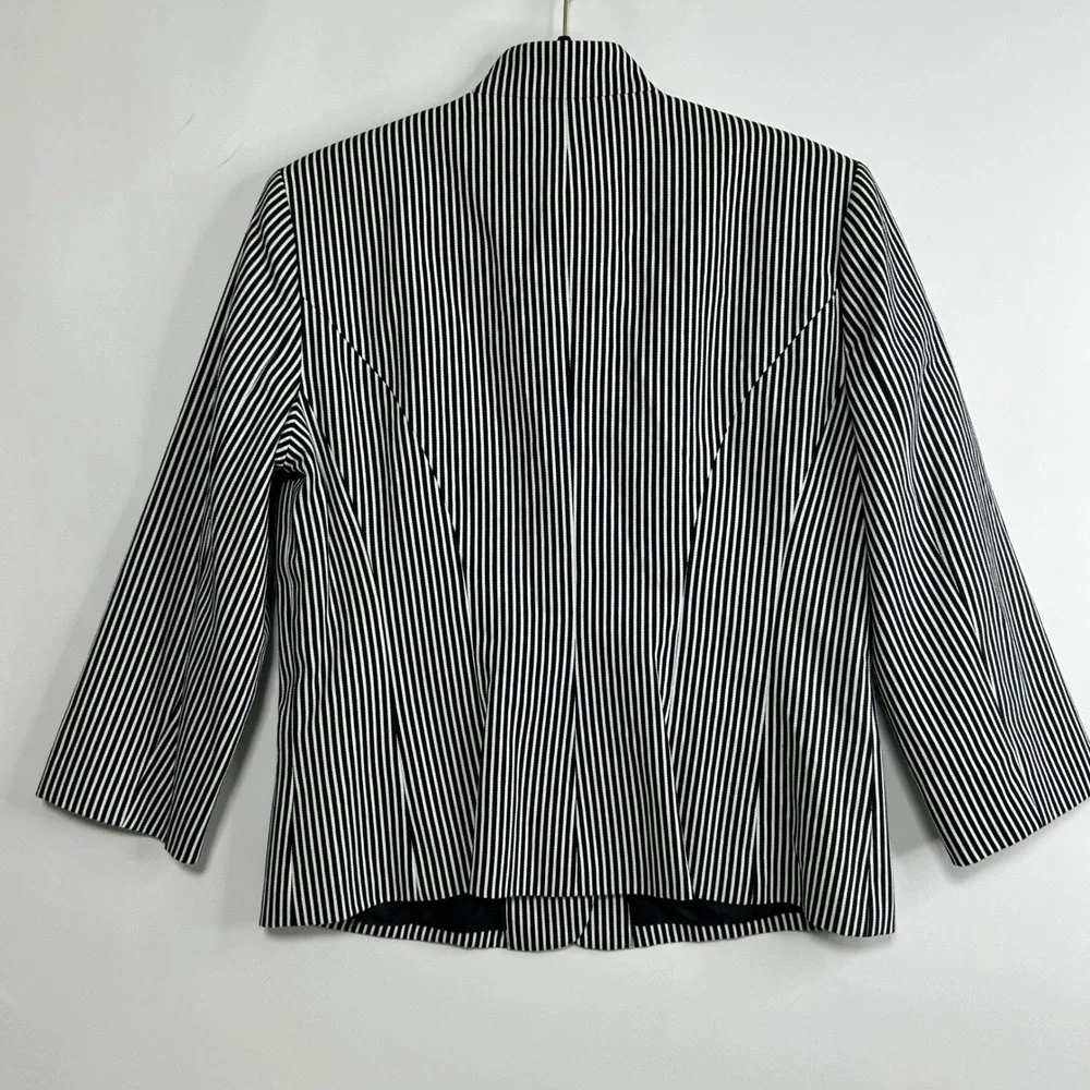 Chaps Women Black White Striped Mandarin Collar Blazer Jacket 12 Cotton Nautical